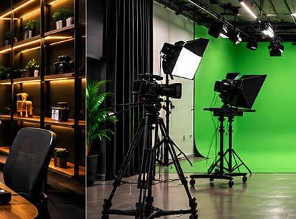 Estúdio de gravação com chroma key verde e iluminação profissional