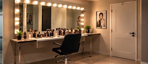 Sala de maquiagem e camarim com espelho iluminado